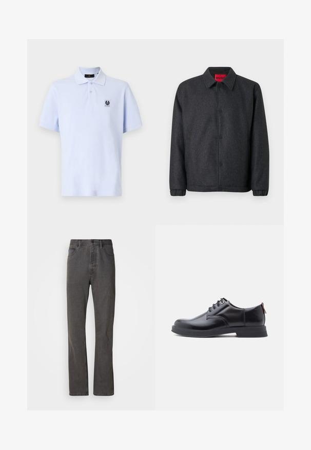 Veste gris foncé en mélange de laine, dotée d'une fermeture à boutons, d'un col classique et de poignets élastiques pour une manche ajustée.; Polo bleu clair avec une texture douce, à manches courtes et à col classique. Présente un petit patch logo sur le côté gauche de la poitrine.; Jeans en denim gris avec une coupe droite, dotés de poches avant, d'une fermeture à bouton et d'une texture subtile.; Chaussures en cuir noir à lacets avec une texture lisse, un bout arrondi et des détails de couture discrets. Présentent une languette rouge à l'arrière.