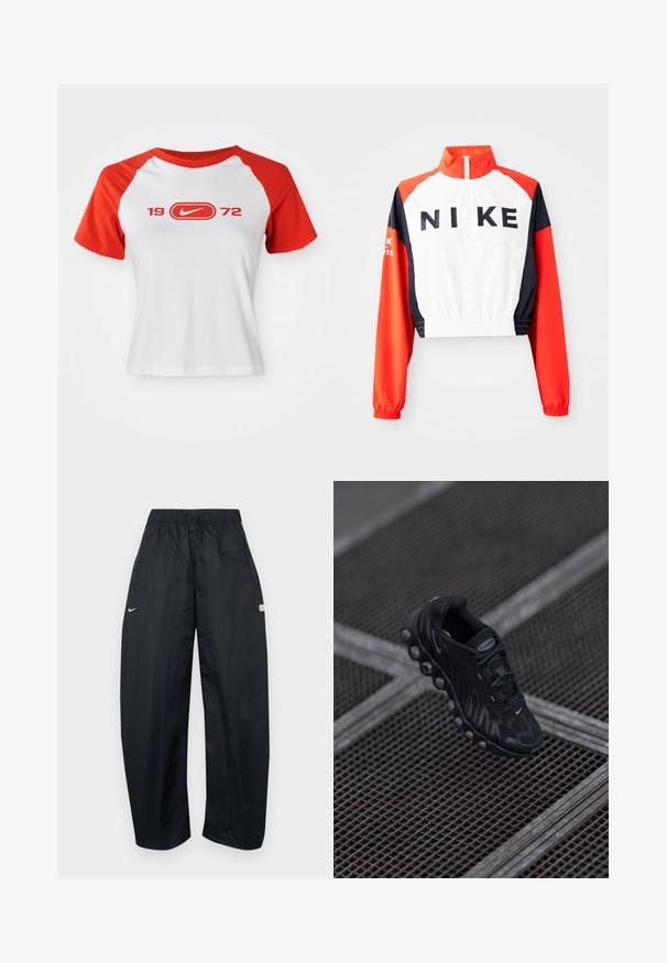 Veste Nike courte avec col montant, corps blanc, manches rouge et marine, logo noir à l'avant, taille et poignets élastiques, design sportif.; T-shirt Nike avec un corps blanc et des manches raglan rouges. Présente "1972" et un logo en rouge sur la poitrine. Fabriqué en tissu jersey lisse.; Pantalon de sport ample noir en matière légère. Comprend une taille élastique, un cordon de serrage ajustable et des accents de logo.; Chaussure de sport noire avec un dessus texturé, une semelle arrondie et un amorti d'air visible. Présente un design à lacets et un accent de logo de la marque.