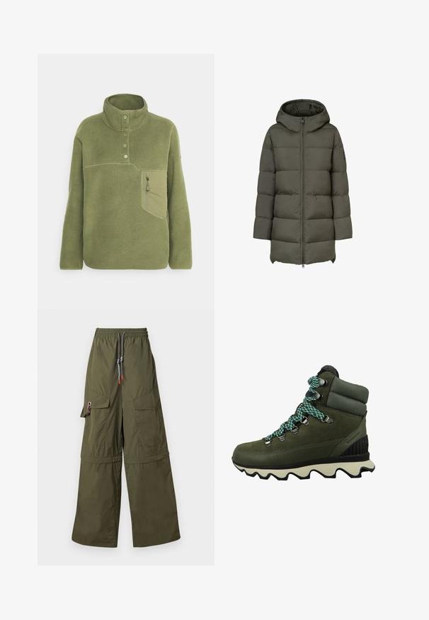 Chaqueta acolchada con capucha de color verde oliva, con cierre de cremallera en el frente, textura acolchada y bolsillos laterales. Presenta un diseño de longitud hasta la rodilla y mangas anchas.; Sudadera de forro polar verde oliva con un cuello alto, tres botones y un bolsillo en el pecho con cremallera. Textura suave con detalles de costura en contraste.; Pantalones cargo anchos y verdes fabricados con material ligero, que cuentan con una cinturilla elástica, múltiples bolsillos y detalles de cordón distintivos.; Sorel KINETIC CONQUEST - Botas para la nieve - alpine tundra