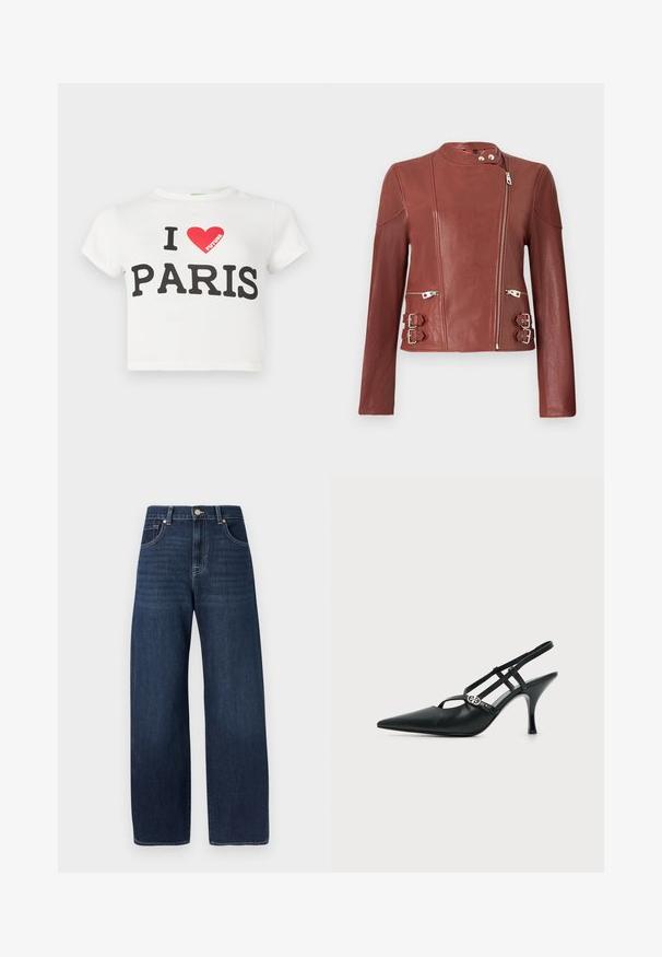 Veste de motard en cuir marron avec fermeture éclair avant asymétrique, col pressionné, deux poches zippées et sangles réglables avec boucle des deux côtés.; T-shirt court en coton blanc à manches courtes, avec un texte noir audacieux disant "J'AIME PARIS" et un cœur rouge, avec le mot "FUTURE" en rouge.; Jean en denim foncé à jambes larges avec une texture lisse, doté d'une fermeture à bouton, d'un design à cinq poches, et de détails de couture subtils.; Escarpin slingback en cuir noir à bout pointu avec fines brides et une petite boucle décorative argentée sur le côté.