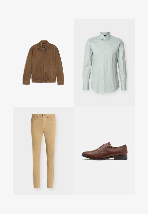 Veste en daim marron avec fermeture éclair à l'avant, col, ourlet élastique et deux poches latérales, étiquette "BOSS" à l'intérieur du col.; Chemise habillée pour hommes à manches longues vert clair avec un col pointu et des boutons blancs, présentée sur un fond blanc uni.; Pantalon beige slim fit avec fermeture avant boutonnée et zip, design cinq poches et passants de ceinture sur fond blanc uni.; Chaussure habillée en cuir brun avec une finition lisse, dotée d'un bout arrondi, de cinq œillets pour lacets et d'un petit talon pour la stabilité.