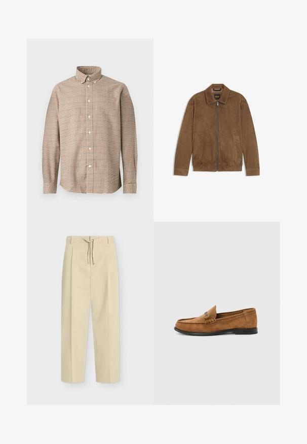 Bruine suède jas met een rits aan de voorkant, kraag, elastische zoom en twee zijzakken, met het label "BOSS" aan de binnenkant van de kraag.; Beige en bruine geruite lange mouwen knoopshirt met een knoop- naar beneden kraag, weergegeven op een effen achtergrond, vooraanzicht.; Beige broek met rechte pijpen, riemlussen en een strik aan de voorkant, met een strak, op maat gemaakt ontwerp en gestructureerde stof.; Bruine suède herenloafer met gevlochten detail op de wreef en zwarte zool, zijaanzicht op een effen lichtgrijze achtergrond.