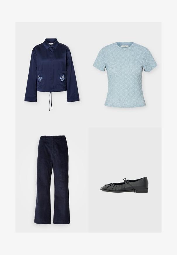Navy langærmet satinjakke med spids krave, frontlommer med hvid og blå blomst broderi, og justerbar snøre i taljen.; Lyseblå kortærmet tekstureret blonde top med blomsterprint og rund halsudskæring, mærket Scotch & Soda label inde i kraven.; Mørkeblå kordfløjel brede bukser med lodrette ribber, elastisk talje og uden synligt hardware. Blød tekstur og afslappet pasform.; Sort flad sko med plisseret forstykke og bundet sløjfe på toppen, lav hæl og glat tekstur på en lysegrå baggrund.