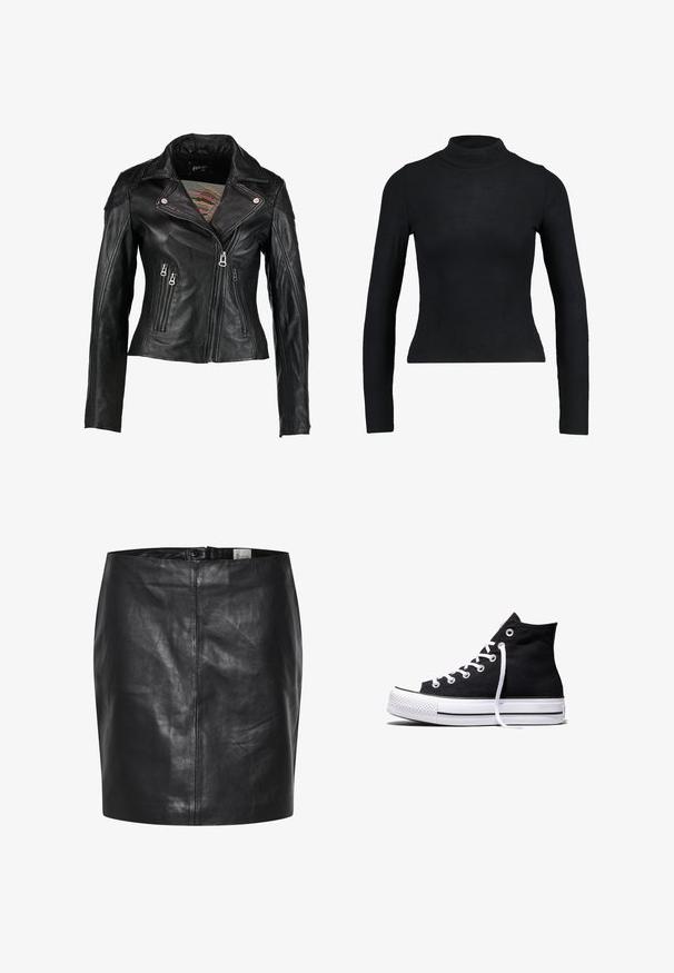 Maze Læderjakker - black; Sort langærmet turtleneck top lavet af ribbet stof, med en tætsiddende design og slank silhuet. Ingen mønstre eller detaljer.; Sort læderskirt med en glat overflade, høj talje og lukning med knap foran. Har en slank, minimalistisk silhuet. Ingen mønstre eller accenter.; Sort high-top canvas sneaker med hvid gummisål og hvide snørebånd, vist fra siden mod en hvid baggrund.