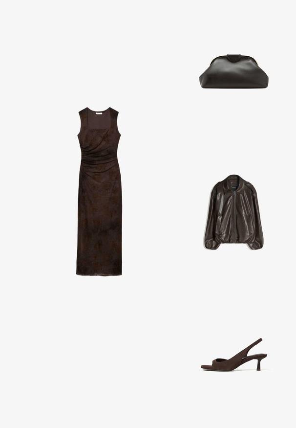 Veste en cuir marron avec fermeture éclair, grand col, et deux poches latérales. Coupe décontractée avec détail de manches légèrement bouffantes.; Robe midi ajustée sans manches de couleur brun foncé avec un motif floral subtil et un détail froncé sur un côté, décolleté carré et ourlet droit.; Chaussure en daim marron à bout ouvert, bride arrière, petit talon kitten et bride incurvée, présentée sur un fond blanc.; Pochette en cuir noir souple avec un cadre arrondi et une petite fermeture à languette en haut au centre.
