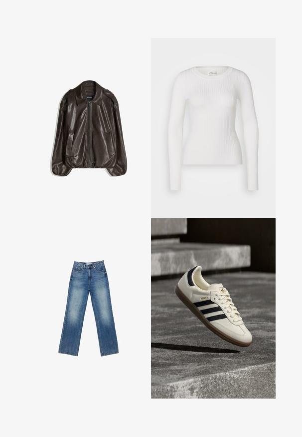 Veste en cuir marron avec fermeture éclair, grand col, et deux poches latérales. Coupe décontractée avec détail de manches légèrement bouffantes.; Haut à manches longues blanc en tissu côtelé avec un col rond. Le tissu est lisse, avec une texture subtile et une coupe ajustée. Pas de matériel ou de motifs visibles.; Jean en denim bleu à jambes larges avec une finition délavée, cinq poches, couture visible, fermeture à boutons et à glissière, et coupe droite.; Baskets blanches Adidas Samba avec des bandes noires et une semelle en gomme, flottant au-dessus de marches en béton gris texturé.