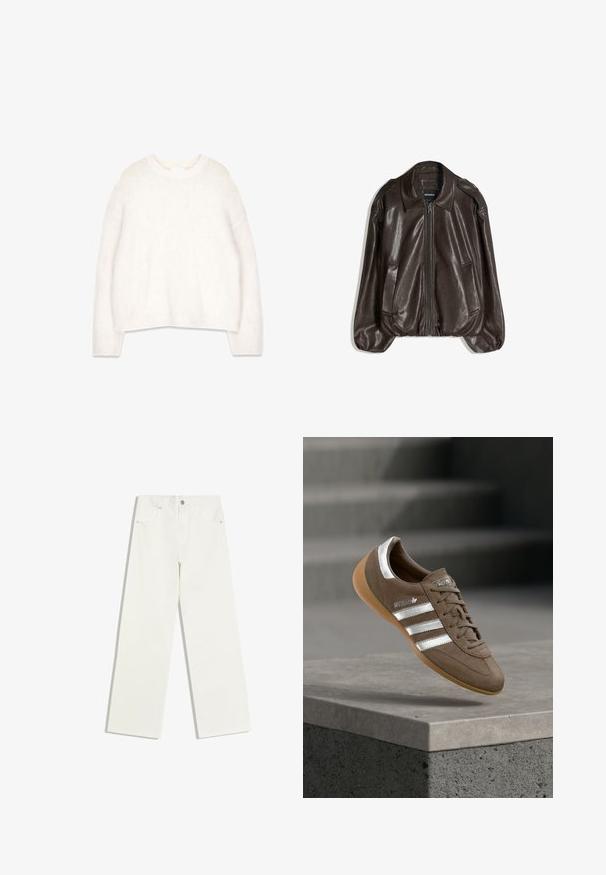 Veste en cuir marron avec fermeture éclair, grand col, et deux poches latérales. Coupe décontractée avec détail de manches légèrement bouffantes.; Pull blanc en laine moelleuse avec un col rond, des manches longues et une coupe décontractée. Fabriqué à partir d'un tissu doux et texturé, il présente des poignets et un ourlet côtelés.; Jean blanc taille haute, jambes droites, avec poches avant et fermeture à bouton sur fond blanc.; Baskets en daim marron avec des rayures blanches et des accents argentés, dotées d'une tige texturée, d'un système de laçage et d'une semelle en caoutchouc gomme.