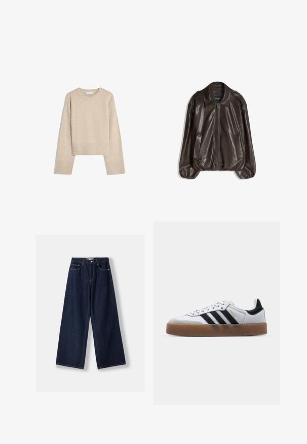 Brun læderjakke med lynlås, stor krave og to sidelommer, med en afslappet pasform og let puffede ærmegab.; Beige cropped sweater lavet af blød strik. Har rund halsudskæring, lange ærmer samt ribbede manchetter og kant for ekstra tekstur.; Mørkeblå vidde denimjeans med knap- og lynlås foran, forlommer og bæltestropper, lagt fladt på en hvid baggrund.; Hvide lædersneakers med sorte striber, gummirubber sål, rund tå, snørelukning og blød grå ruskinds tåhætte.