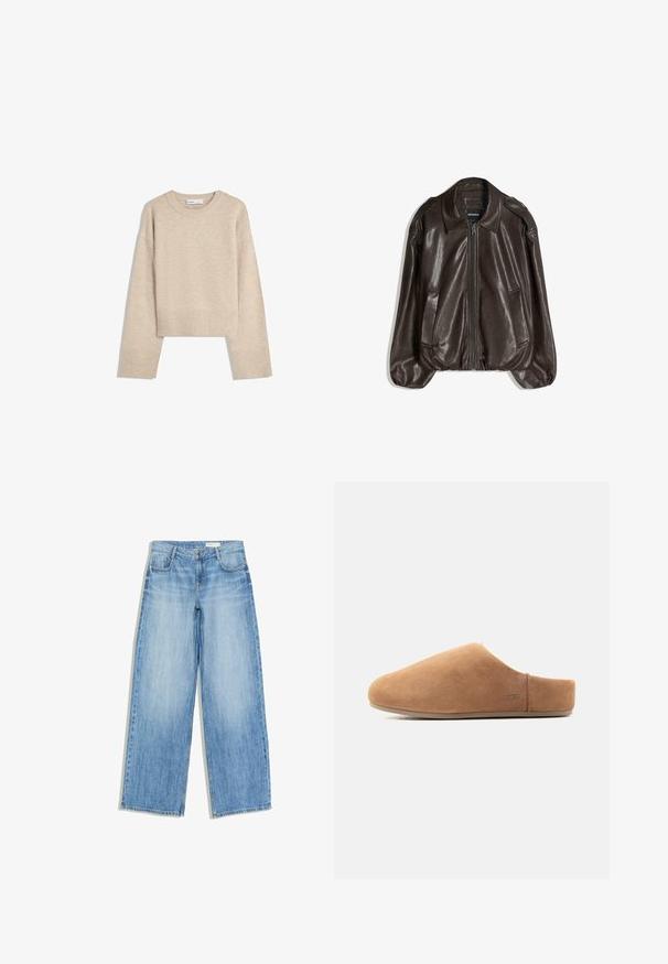 Bruine leren jas met een ritssluiting, een grote kraag en twee zijzakken, uitgevoerd in een losse pasvorm met een lichte pofmouwdetail.; Beige cropped sweater gemaakt van zacht breimateriaal. Heeft een ronde halslijn, lange mouwen en geribde boorden en onderkant voor extra textuur.; Lichtblauwe denim wijde broek met voorzakken, riemlussen, knoopsluiting en vervaagde waseffecten.; Beige suède instap-slipper met gesloten neus, open achterkant, platte zool en klein UGG-logo aan de zijkant, zijaanzicht.