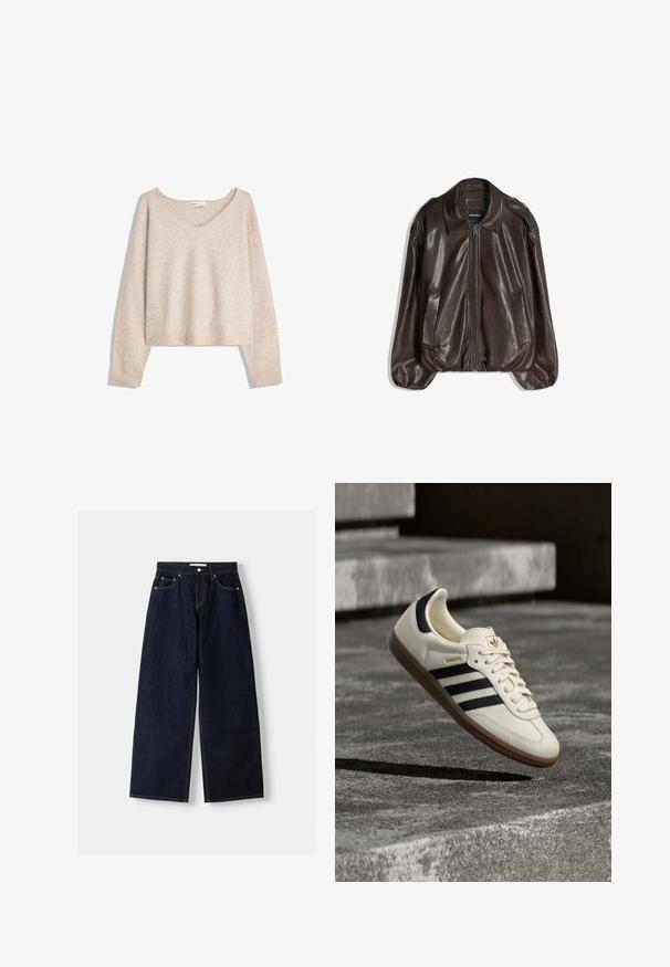 Bruine leren jas met een ritssluiting, een grote kraag en twee zijzakken, uitgevoerd in een losse pasvorm met een lichte pofmouwdetail.; Beige zachte gebreide V-hals trui met lange mouwen en geribbelde manchetten en zoom, weergegeven op een witte achtergrond.; Donkerblauwe denim wijduitlopende jeans met een hoge taille, vijf zakken, contrasterende stiksels en zilveren metalen hardware. Gladde textuur en een nette afwerking.; Witte Adidas Samba sneaker met zwarte strepen en gumzool, zwevend boven gestructureerde grijze betonnen treden.