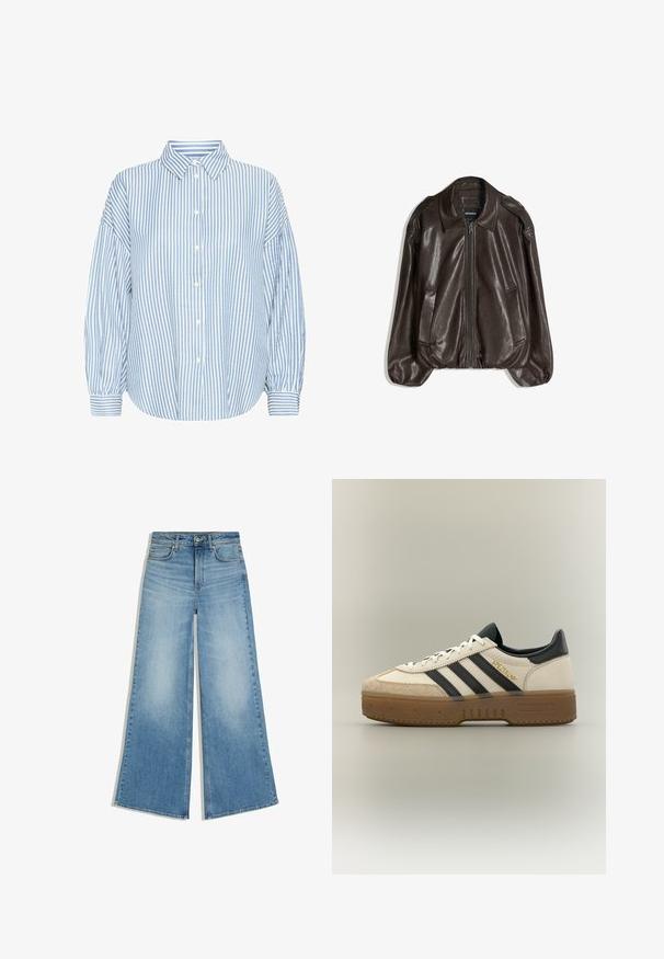 Braune Lederjacke mit Reißverschluss, großem Kragen und zwei Seitentaschen, legerer Passform und leicht aufgepolsterten Ärmeln.; Hellblau-weiße gestreifte Hemdbluse mit Kragen, lockerer Passform, luftigen Ärmeln und geknöpften Handgelenken. Aus leichtem Stoff gefertigt.; Hellblaue Jeans mit weitem Bein, Vorderentaschen und Knopfverschluss, flach auf einem weißen Hintergrund ausgelegt.; Weißer Adidas Sneaker mit schwarzen Streifen, beiger Wildlederkappe, brauner Sohle und "SPEZIAL" in goldener Schrift an der Seite.