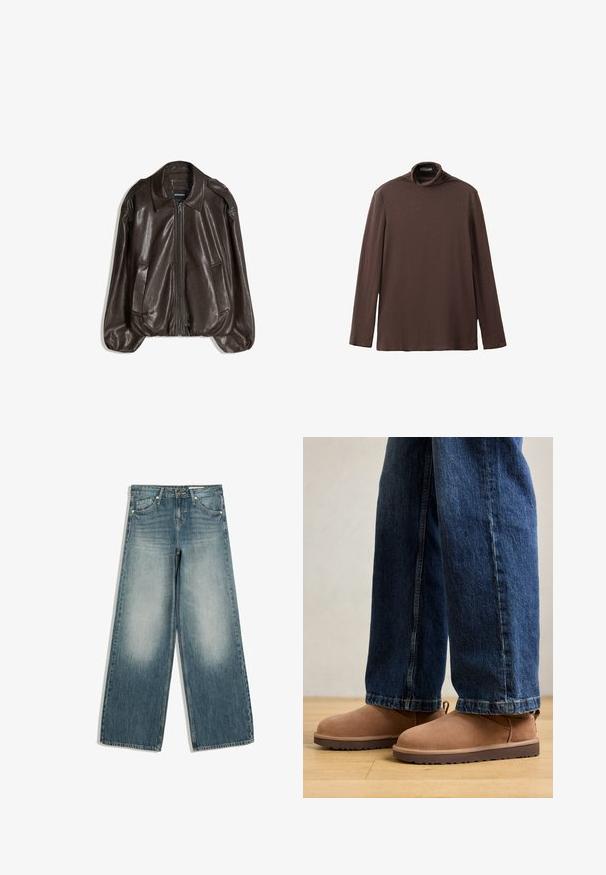 Bruine leren jas met een ritssluiting, een grote kraag en twee zijzakken, uitgevoerd in een losse pasvorm met een lichte pofmouwdetail.; Bruin turtleneck shirt met lange mouwen, gemaakt van zachte stof, getoond tegen een witte achtergrond.; Blauwe jeans met wijd uitlopende pijpen, vervaagde voorkant van de dijen, voorzakken, riemlussen en knoopsluiting.; Bruine suède enkelboots met een platte zool, ronde neus en een klein aantrek-lipje, gecombineerd met blauwe denim jeans met een rechte pasvorm.