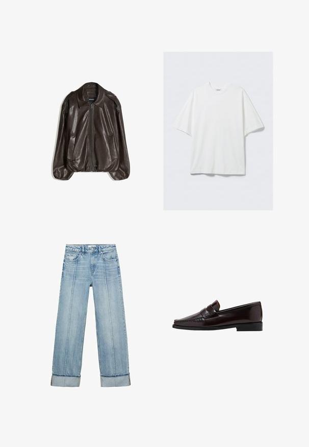 Bruine leren jas met een ritssluiting, een grote kraag en twee zijzakken, uitgevoerd in een losse pasvorm met een lichte pofmouwdetail.; Wit oversized katoenen T-shirt met korte mouwen, ronde hals en een klein merkembleem aan de binnenkant van de kraag.; Lichtblauwe denim wijde jeans met een hoge taille, voorzien van vijf zakken, zichtbare stiksels en opgerolde zomen bij de manchetten.; Bruine leren instapper met een moccasin-stijl voorkant, verhoogde stiksels langs de voet en een lage zwarte rubberen zool. Glad, gepolijst oppervlak.