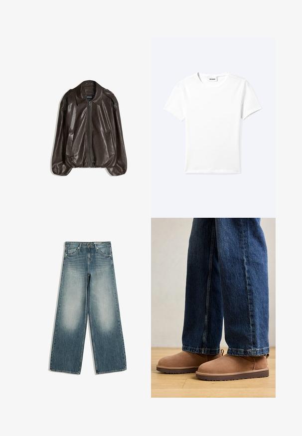 Veste en cuir marron avec fermeture éclair, grand col, et deux poches latérales. Coupe décontractée avec détail de manches légèrement bouffantes.; T-shirt blanc uni à manches courtes et col rond avec une petite étiquette "WEEKDAY" à l'intérieur de l'encolure, présenté à plat sur un fond clair.; Jean large bleu avec zones avant des cuisses délavées, poches avant, passants de ceinture et fermeture par bouton.; Bottines en daim marron avec une semelle plate, un bout arrondi et une petite languette, associées à un jean en denim bleu de coupe droite.
