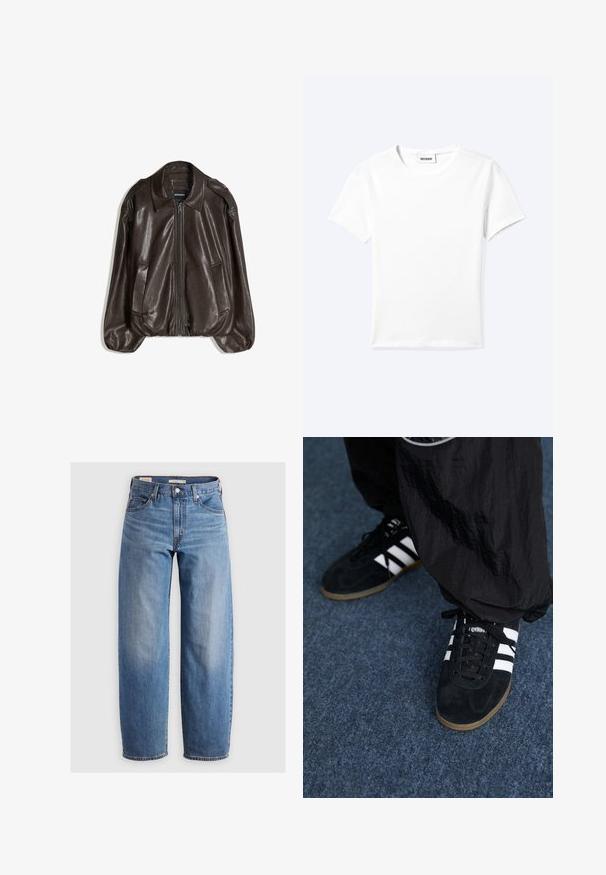 Brun læderjakke med lynlås, stor krave og to sidelommer, med en afslappet pasform og let puffede ærmegab.; Ensfarvet hvid t-shirt med korte ærmer og rund halsudskæring med en lille "WEEKDAY" label indeni halskanten, vist fladt på en lys baggrund.; Lysblå lige ben jeans lavet af denim. Har et klassisk fem-lomme design og subtile falmede områder langs benene.; Sorte suedetrainingssko med tre hvide striber og sorte snørebånd. Et tekstureret sort bukser er delvist synligt ved siden af skoene.