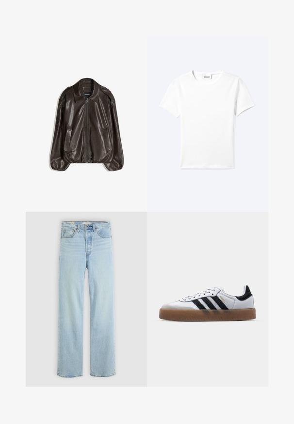 Veste en cuir marron avec fermeture éclair, grand col, et deux poches latérales. Coupe décontractée avec détail de manches légèrement bouffantes.; T-shirt blanc uni à manches courtes et col rond avec une petite étiquette "WEEKDAY" à l'intérieur de l'encolure, présenté à plat sur un fond clair.; Jean en denim bleu clair avec une coupe droite, comportant cinq poches, une fermeture éclair classique et des accents de couture visibles.; Baskets en cuir blanc avec des rayures noires, semelle extérieure en caoutchouc beige, bout rond, fermeture lacée et embout en suède gris doux.