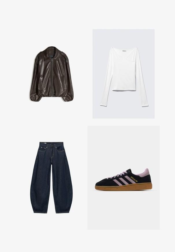 Veste en cuir marron avec fermeture éclair, grand col, et deux poches latérales. Coupe décontractée avec détail de manches légèrement bouffantes.; Haut blanc à manches longues avec un design croisé et une poche. Fabriqué dans un tissu lisse et extensible. Coupé dans une coupe décontractée et ample.; Jean en denim bleu foncé à jambes larges avec poches avant, passants de ceinture et fermeture par bouton à la taille.; Baskets en suède noir et rose avec semelle en caoutchouc, trois rayures roses, marquage doré "SPEZIAL" et semelle en gomme texturée. Design basse.