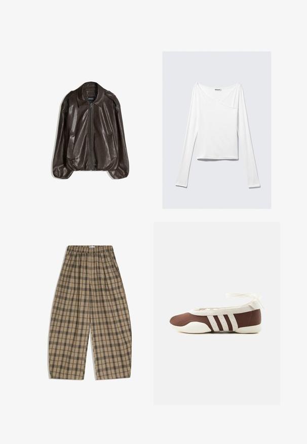 Veste en cuir marron avec fermeture éclair, grand col, et deux poches latérales. Coupe décontractée avec détail de manches légèrement bouffantes.; Haut blanc à manches longues avec un design croisé et une poche. Fabriqué dans un tissu lisse et extensible. Coupé dans une coupe décontractée et ample.; Pantalon beige à coupe ample avec motif à carreaux noirs, taille élastique et poches latérales, présenté à plat sur un fond blanc.; Chaussure plate de ballet marron et blanche avec trois bandes blanches et un nœud à nouer à la cheville sur un fond clair uni.