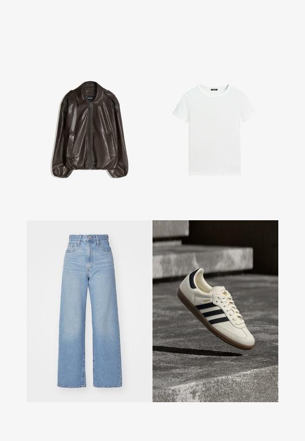 Bruine leren jas met een ritssluiting, een grote kraag en twee zijzakken, uitgevoerd in een losse pasvorm met een lichte pofmouwdetail.; Effen wit T-shirt met korte mouwen, een ronde hals en een klein zwart labeltje aan de binnenkant van de kraag.; Lichtblauwe high-waist wijde jeans met een knoop- en ritssluiting aan de voorkant, voor- en achterzakken, op een witte achtergrond.; Witte Adidas Samba sneaker met zwarte strepen en gumzool, zwevend boven gestructureerde grijze betonnen treden.