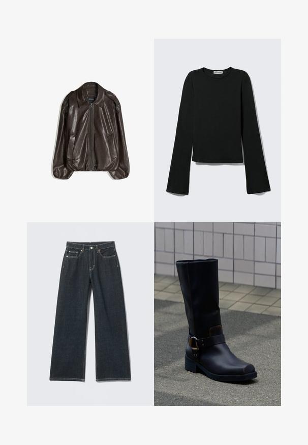 Braune Lederjacke mit Reißverschluss, großem Kragen und zwei Seitentaschen, legerer Passform und leicht aufgepolsterten Ärmeln.; Schwarzes Langarmshirt mit Rundhalsausschnitt, figurbetonter Silhouette und leicht ausgestellten Ärmeln, gekennzeichnet mit einem "Weekday" Markenetikett im Nacken.; Dunkelblaue Jeans mit weitem Bein, vorn mit Knöpfen, Reißverschluss, Gürtelschlaufen und fünf Taschen, auf hellem einfarbigem Hintergrund.; Schwarzer Lederstiefel bis zur Mitte der Wade mit niedrigem Absatz und dekorativem Riemen mit Metallschnalle, stehend auf einer grau gepflasterten Oberfläche nahe einer gefliesten Wand.