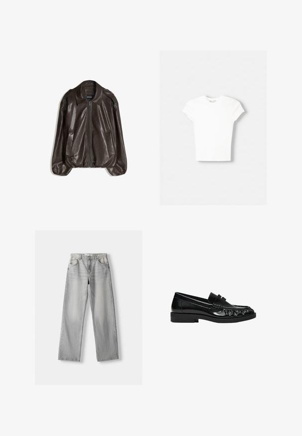 Veste en cuir marron avec fermeture éclair, grand col, et deux poches latérales. Coupe décontractée avec détail de manches légèrement bouffantes.; T-shirt blanc à manches courtes en coton doux, avec un col rond et une coupe ajustée. Pas de motifs ni d'ornements visibles.; Jean en denim gris clair avec une coupe droite, dotée de deux poches avant, d'un bouton de fermeture et d'un léger délavage pour la texture.; Mocassin en cuir noir avec petit talon, bout arrondi, détails cousus et une bride traversant le dessus.