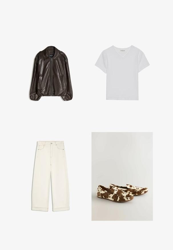Veste en cuir marron avec fermeture éclair, grand col, et deux poches latérales. Coupe décontractée avec détail de manches légèrement bouffantes.; T-shirt blanc à manches courtes en V, en tissu côtelé. Présente un design épuré avec un ourlet droit et un minimum de détails.; Pantalon large court couleur écrue avec bouton devant, fermeture éclair, deux poches avant et surpiqûres marron visibles.; Mocassins en imprimé vache faits d'un matériau doux avec un motif marron et blanc, dotés d'un design à enfiler et d'une semelle plate en caoutchouc.