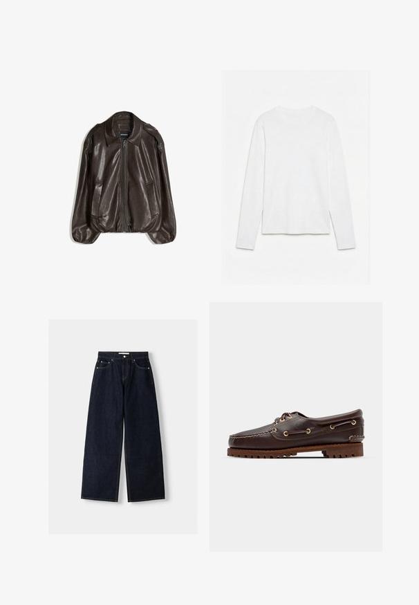 Veste en cuir marron avec fermeture éclair, grand col, et deux poches latérales. Coupe décontractée avec détail de manches légèrement bouffantes.; T-shirt blanc uni à manches longues et col rond, posé à plat sur une surface blanche, montrant l'avant et la longueur complète des manches.; Jean large en denim bleu foncé à taille haute, avec cinq poches, des coutures contrastées et des éléments en métal argenté. Texture lisse et finition soignée.; Bateau en cuir marron avec des œillets dorés, des lacets ronds et une semelle en caoutchouc marron texturée. Présente des détails de couture et un logo en relief.