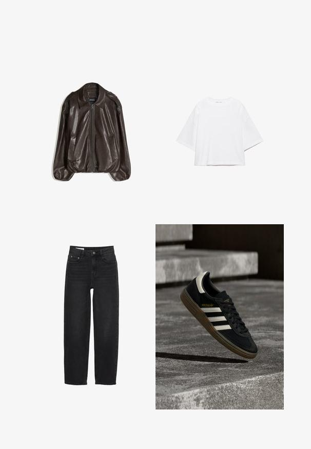 Veste en cuir marron avec fermeture éclair, grand col, et deux poches latérales. Coupe décontractée avec détail de manches légèrement bouffantes.; T-shirt blanc à manches courtes, coupe carrée, en coton doux. Présente un col rond et des manches larges, avec un design épuré et simple.; Jeans en denim noir avec une coupe droite, dotés d'une fermeture à bouton, de cinq poches et de détails de couture subtils.; Baskets Adidas noires avec des bandes blanches et une semelle en gomme flottant au-dessus d'escaliers en béton gris sous une lumière naturelle.