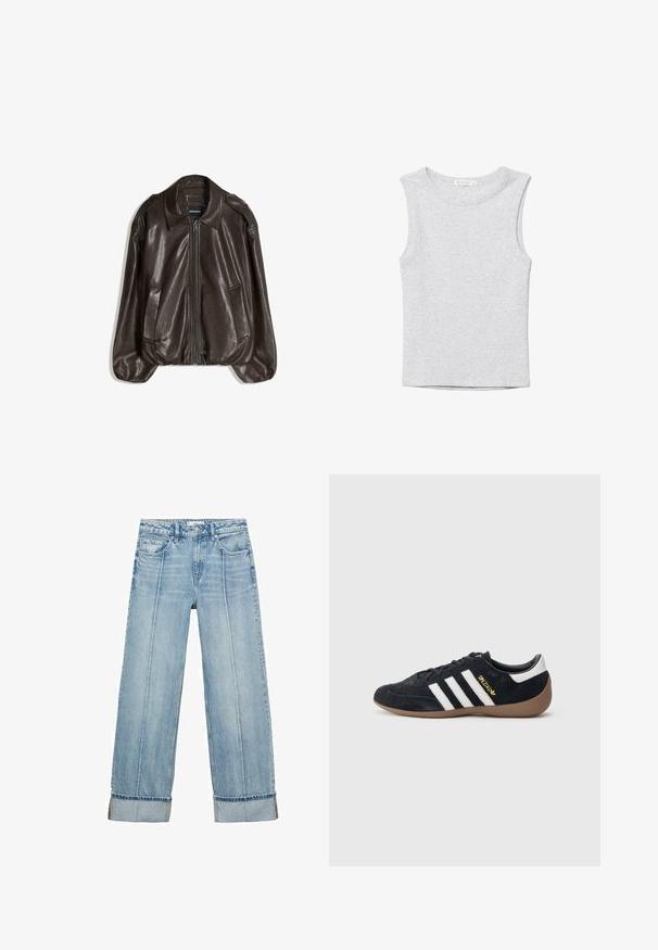 Braune Lederjacke mit Reißverschluss, großem Kragen und zwei Seitentaschen, legerer Passform und leicht aufgepolsterten Ärmeln.; Ärmelloses, hellgraues, kurzes Tanktop mit rundem Ausschnitt, aus weichem Strickstoff gefertigt.; Hellblaue Denim-Jeans im weiten Schnitt mit hoher Taille, ausgestattet mit fünf Taschen, sichtbaren Nähten und umgeschlagenen Säumen an den Bündchen.; Schwarzer Veloursleder-Sneaker mit drei weißen Streifen, Gummisohle und einem kleinen goldenen Logo an der Seite. Verfügt über ein glattes schwarzes Innenfutter.