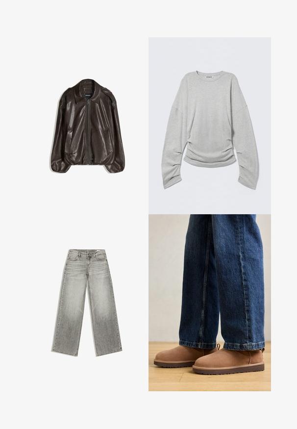 Brun læderjakke med lynlås, stor krave og to sidelommer, med en afslappet pasform og let puffede ærmegab.; Lysegrå langærmet t-shirt med afslappet pasform, rund halsudskæring og detaljer med rynker i siden, lavet af blødt bomuldsstof.; Grå jeans med vide ben, forlommer, bæltestropper og lukkes med knap, lagt fladt på en hvid baggrund.; Brune ruskinds ankelstøvler med flad sål, rund tå og en lille træktab, parret med blå denimjeans med lige skæring.