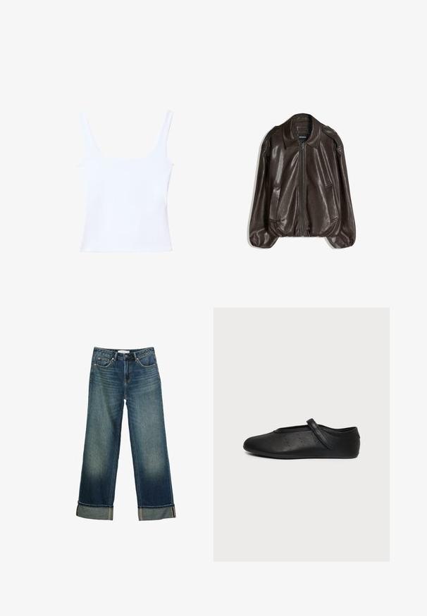 Veste en cuir marron avec fermeture éclair, grand col, et deux poches latérales. Coupe décontractée avec détail de manches légèrement bouffantes.; Top court blanc sans manches avec encolure carrée, larges bretelles et silhouette ajustée.; Jean en denim bleu foncé avec jambes larges, revers roulés, bouton à l'avant et design cinq poches.; Chaussure plate Mary Jane en cuir noir avec une bride unique et de petits points perforés sur le côté, présentée sur un fond gris clair uni.