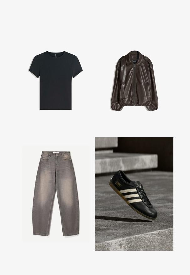 Braune Lederjacke mit Reißverschluss, großem Kragen und zwei Seitentaschen, legerer Passform und leicht aufgepolsterten Ärmeln.; Schwarzes Baumwoll-T-Shirt mit kurzen Ärmeln, rundem Ausschnitt und einer weichen, glatten Textur. Einfaches Design, keine Muster oder sichtbare Hardware.; Weite graue Jeans aus Denim, mit subtiler Ausbleichung, fünf Taschen-Design, Gürtelschlaufen und einem Knopfverschluss an der Taille.; Schwarzer Leder-Sneaker mit weißem Drei-Streifen-Design, strukturierten Akzenten, schwarzen Schnürsenkeln und einer Gummisohle. Markenlogo auf der Zunge sichtbar.