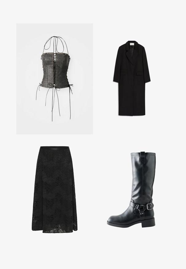 Musta villasekoite pitkä takki, jossa on kaksoispainikeet, viistetyt läpät, kaksi etutaskua ja suora leikkaus. Sileä pinta.; Jaded London LONGLINE LACE UP HALTER CORSET - Toppi - black; Musta pitsihame, jossa on liehuva muotoilu. Varustettu kukkakuviolla, teksturoidulla pinnalla ja istuvalla vyötäröllä. Pituus ulottuu nilkkoihin.; Musta keskipitkä nahkasaapas, pyöreällä kärjellä, matalalla lohkokorolla ja koristeellisella sivuhihnalla, jossa hopeinen solki ja niitit.