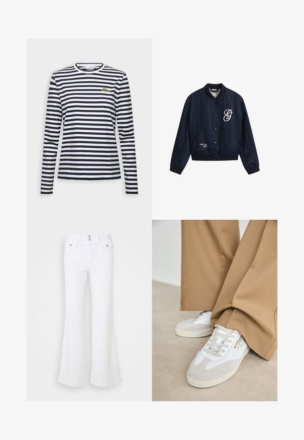 Marineblauwe bomberjack met knopen, geribde kraag, manchetten en zoom, met witte tekst ; Langsleeve T-shirt met marineblauwe en witte horizontale strepen, ronde halslijn en geborduurd groen krokodillenlogo op de borst.; Witte flared jeans van denim, met een hoge taille, twee voorzakken en zilveren knoopaccenten op een effen achtergrond.; Witte sneakers met suède accenten, gestructureerde veters en een rubberen zool. Gecombineerd met losse beige broek. Logo zichtbaar aan de zijkant.