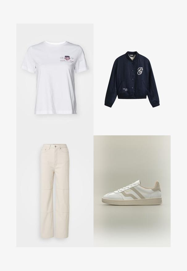 Veste bomber bleu marine à boutons avec col, poignets et ourlet côtelés, comportant un "G" blanc manuscrit sur la poitrine et "With Love" près de l'ourlet.; T-shirt en coton blanc à manches courtes, col rond, avec un logo brodé rouge et bleu sur le côté gauche. Texture lisse, coupe décontractée.; Jean large beige clair en coton. Présente une taille haute, une fermeture à bouton à l'avant et deux accents de couture horizontaux sur les jambes.; Baskets basses blanches avec des accents beige, lacets et semelle texturée, avec le nom de la marque "GANT" sur le côté.