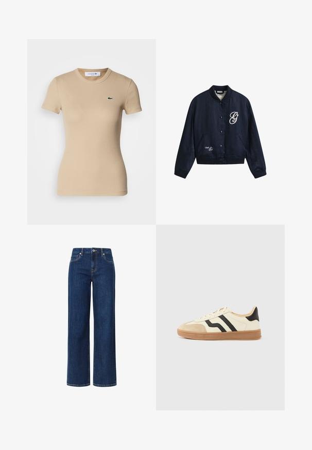 Marineblaue Bomberjacke mit Knöpfen, geripptem Kragen, Bündchen und Saum, mit weißem Schriftzug "G" auf der Brust und "With Love" nahe dem Saum.; Beige gerippte Baumwoll-T-Shirt mit kurzen Ärmeln, Rundhalsausschnitt, taillierter Form und einem kleinen grünen Lacoste-Logo auf der linken Brust.; Weite Jeans in dunkelblauem Denim mit glatter Textur, ausgestattet mit einem Knopf- und Reißverschluss, fünf Taschen und kontrastierenden Nähten.; Schnürsneaker mit cremefarbenem Obermaterial, schwarzen Streifen und einer Zehenkappe aus Wildleder, ergänzt durch eine braune Gummisohle.