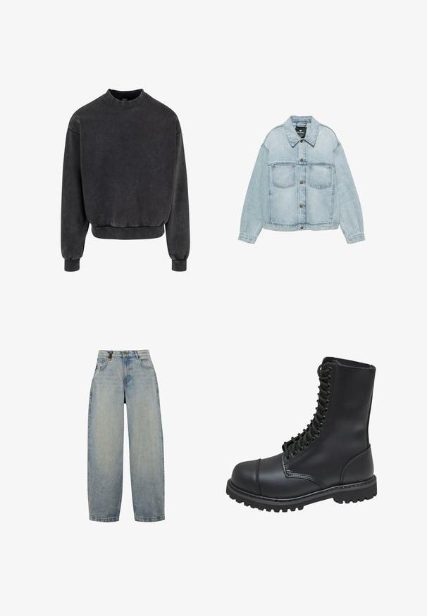 Lyseblå denimjakke med knaplukning, to brystlommer og klassisk krave, lagt fladt på en hvid baggrund.; Sort cropped sweatshirt med rund halsudskæring, ribbestrikkede manchetter og kant. Fremstillet af blødt materiale med et let falmet udseende.; Lysblå denimjeans med en afslappet pasform, der har høj talje, brede ben, klassisk femlomme-design og metalhardware.; Sort læder kampstøvle med høj skaft, snørebånd foran, polstret krave og en robust tekstureret sål for godt greb. Har forstærket tåhætte.