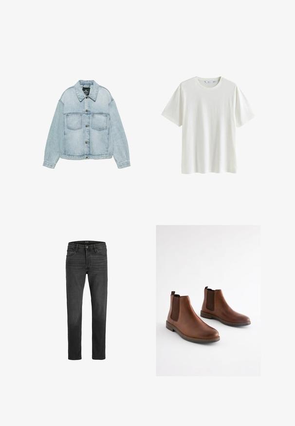Veste en denim bleu clair avec fermeture par boutons, deux poches poitrine et col classique, posée à plat sur un fond blanc.; T-shirt blanc uni à manches courtes avec col rond, présenté sur un fond blanc, taille moyenne, avec des étiquettes visibles à l'intérieur du col.; Jean en denim noir avec une coupe droite, design à cinq poches et fermeture éclair. Présente un léger délavage et des coutures contrastées.; Bottes basses en cuir marron avec des panneaux élastiques sur les côtés, un bout arrondi et un talon empilé. Texture lisse avec des accents marron contrastants.