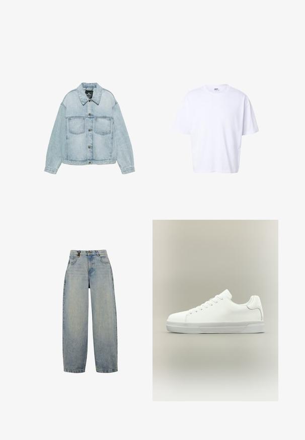 Veste en denim bleu clair avec fermeture par boutons, deux poches poitrine et col classique, posée à plat sur un fond blanc.; T-shirt blanc uni en coton à manches courtes, col rond, coupe ample et étiquette de marque Urban Classic à l'intérieur du col.; Jean en denim bleu clair avec une coupe décontractée, dotée d'une taille haute, de jambes larges, d'un design classique à cinq poches et d'accents matériels en métal.; Baskets basses blanches à lacets, doté d'un col rembourré et d'une semelle en caoutchouc texturée, présentées de profil sur un fond neutre.
