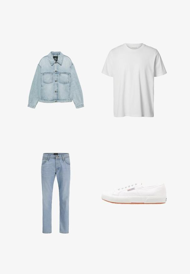 Lyseblå denimjakke med knaplukning, to brystlommer og klassisk krave, lagt fladt på en hvid baggrund.; Enkelt hvid T-shirt med korte ærmer og rund hals, løs pasform og uden synlige logoer eller designs foran.; Lyseblå denimjeans med slim fit, fem-lomme design, subtilt falmet struktur og metaludstyr ved lynlåsen og knaplukningen.; Hvide kanvas sneakers med gummisål, snørebåndsdesign og et lille logo mærke på siden. Tekstureret hvid overdel og brun ydersål.