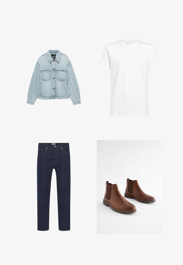 Lyseblå denimjakke med knaplukning, to brystlommer og klassisk krave, lagt fladt på en hvid baggrund.; Hvid kortærmet t-shirt lavet af bomuld med en rund halsudskæring og en standard pasform. Enkel design, ingen mønstre eller synlige detaljer.; Mørkeblå denim jeans med lige snit, der har lys syning, fem lommer og en knaplukning ved livet. Glat tekstur.; Brune læderankelstøvler med elastiske sidestykker, rundet tå og en lagdelt hæl. Glat tekstur med kontrasterende brune accenter.