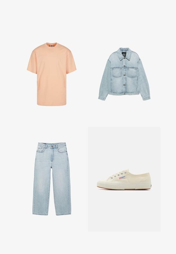 Hellblaue Jeansjacke mit Knopfverschluss, zwei Brusttaschen und klassischem Kragen, flach auf weißem Hintergrund ausgelegt.; Helles Pfirsichfarbenes T-Shirt mit kurzen Ärmeln aus Baumwolle. Es verfügt über einen runden Ausschnitt und einen lockeren Schnitt. Glatte Textur ohne Muster oder Grafiken.; Hellblaue hoch taillierte Jeans mit geraden Beinen, vorn mit Knopf, Reißverschluss, Gürtelschlaufen und Fünf-Taschen-Design auf weißem Hintergrund.; Beige Leinen-Sneaker mit niedrigem Profil, Metallösen und Gummisohle. Mit einem strukturierten Muster und einem Logodetail an der Seite.