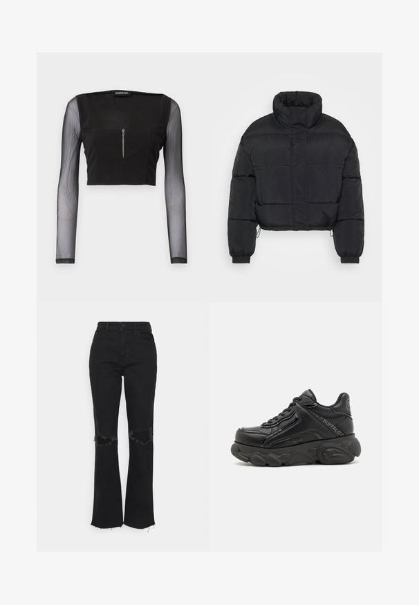 Sort cropped puffer-jakke med høj krave, quiltet design, elastiske manchetter og snor i kanten. Fremstillet af skinnende, let materiale.; Sort crop top med firkantet halsudskæring, fremstillet i uigennemsigtigt stof med gennemsigtige lange ærmer. Frontlynlås tilføjer detalje til designet.; Hollister Co. Jeans Skinny Fit - black; Sort chunky platform sneakers med tekstureret sål, snørebånd foran og mærkede detaljer på siden og hælen.
