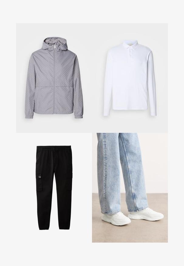 Lys grå hættejakke med et geometrisk mønster, lynlås lukning, elastiske manchetter og to forlommer; lavet af et glat, vandafvisende materiale.; Langærmet hvid polo-shirt lavet af blødt stof, med en klassisk krave, tre knaplukninger og et diskret logo på brystet.; Sorte cargobukser med elastisk talje og manchetter, knap- og lynlås-lukning samt klaplommer på hvert lår.; Hvide atletik sneakers med et glat, formet design og teksturerede såler, parret med lyseblå, løstsiddende denim jeans.