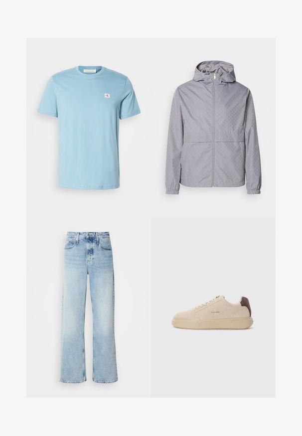 Lys grå hættejakke med et geometrisk mønster, lynlås lukning, elastiske manchetter og to forlommer; lavet af et glat, vandafvisende materiale.; Lysblå bomulds T-shirt med korte ærmer, rund halsudskæring og lille logo patch på venstre bryst. Glat tekstur og simplistisk design.; Lysblå vide jeans med høj talje, der har en falmet finish, bæltestropper og klassisk fem-lomme design. Kantene er rå.; Beige ruskind sneakers med rund tå, snørret foran og en brun ruskindsdetalje på hælen. Har en tekstureret gummisål.