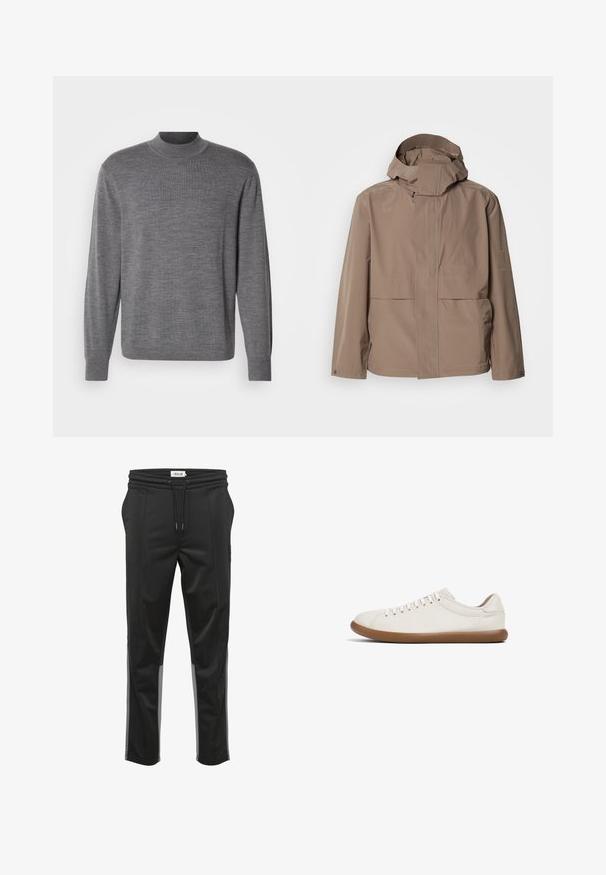 Chaqueta impermeable marrón con un alto cuello y capucha ajustable. Cuenta con dos bolsillos frontales y un sutil logotipo en el lado izquierdo.; Suéter gris de manga larga hecho de material de punto, con cuello alto y un logo sutil en el pecho. Textura suave y diseño ajustado.; Pantalones deportivos negros con cinturilla elástica, cierre con cordón y paneles laterales grises. Tejido suave con un ajuste relajado y piernas ajustadas.; Zapatilla con una parte superior de cuero beige claro, punta redonda y suela plana de goma marrón; cuenta con seis ojales y un diseño de perfil bajo.