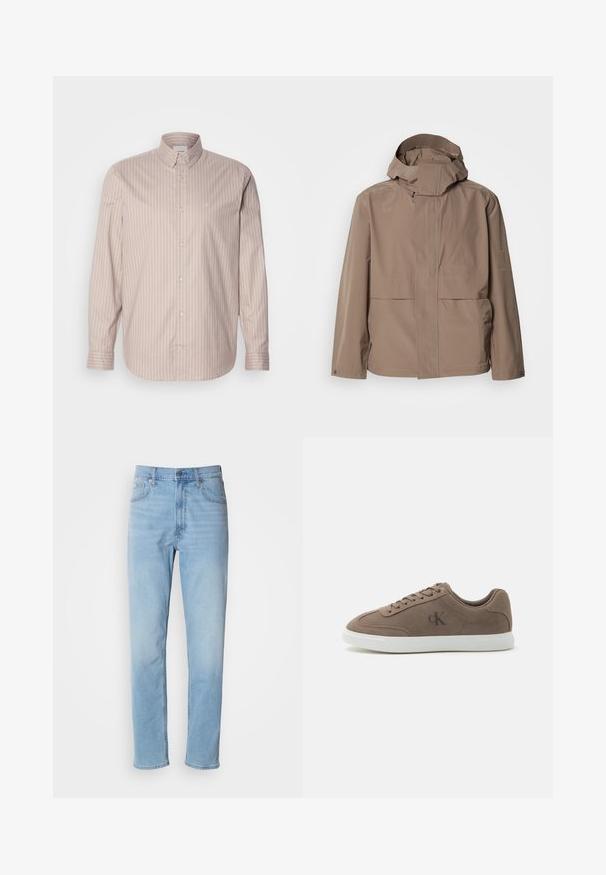 Chaqueta impermeable marrón con un alto cuello y capucha ajustable. Cuenta con dos bolsillos frontales y un sutil logotipo en el lado izquierdo.; Camisa de botones de manga larga beige con rayas verticales blancas, cuello puntiagudo y un pequeño logotipo bordado en el pecho.; Jeans de mezclilla azul claro con un corte recto, cinco bolsillos y trabillas para cinturón. La tela presenta una textura suave con un ligero efecto de desvanecimiento.; Zapatilla baja de ante color topo con cordones beige, suela de goma blanca y sutil logotipo "cK" en el lateral.
