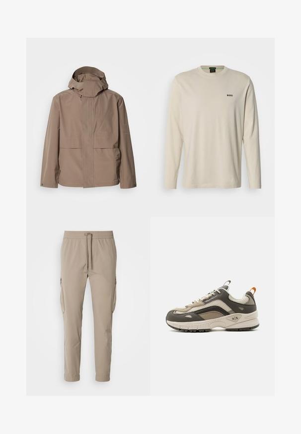 Beige wasserdichte Jacke mit hohem Kragen und verstellbarem Kapuzen. Verfügt über zwei Fronttaschen und dezente Logos auf der linken Seite.; Beiges Langarm-T-Shirt aus Baumwolle mit rundem Ausschnitt und kleinem schwarzem "BOSS"-Logo auf der linken Brust. Glatte Textur.; Beige Cargo-Hosen mit elastischem Bund und Kordelzug. Sie verfügen über Seitentaschen und ein schmal zulaufendes Bein, gefertigt aus leichtem Stoff.; Grauer und beiger Sneaker aus Mesh und Leder mit weißer Sohle, Schnürsenkeln und orangefarbener Zuglasche, mit Armani Exchange Logo an der Seite und der Sohle versehen.