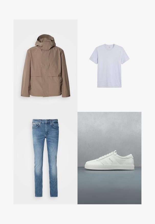 Tan waterdichte jas met een hoge kraag en verstelbare capuchon. Voorzien van twee voorzakken en subtiele branding aan de linkerkant.; Effen lichtgrijs T-shirt met korte mouwen en ronde hals, met klein wit Calvin Klein-logo op de linkerborst.; Lichtblauwe denim jeans met een slim fit, vijf zakken, zichtbare stiksels en een subtiele vervaging. Voorzien van een merkpatch op de tailleband.; Witte lage sneakers met veters, gestructureerde leren panelen en een subtiele logo aan de zijkant, op een effen lichte achtergrond.