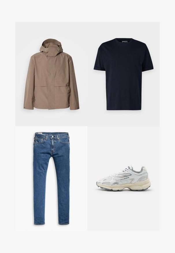 Tan vandtæt jakke med høj krave og justerbar hætte. Har to forlommer og diskret branding på venstre side.; Mørkeblå bomulds t-shirt med korte ærmer og rund halsudskæring, der har en glat tekstur og ingen synlige mønstre eller logoer.; Blå denim slim-fit jeans med fem lommer, frontknap og bælteskydere, præsenteret fladt på en hvid baggrund.; Hvide sportssko med grå detaljer, overdel i mesh og syntetiske materialer, snørebåndsdesign og tekstureret gummisål med grebemønstre.